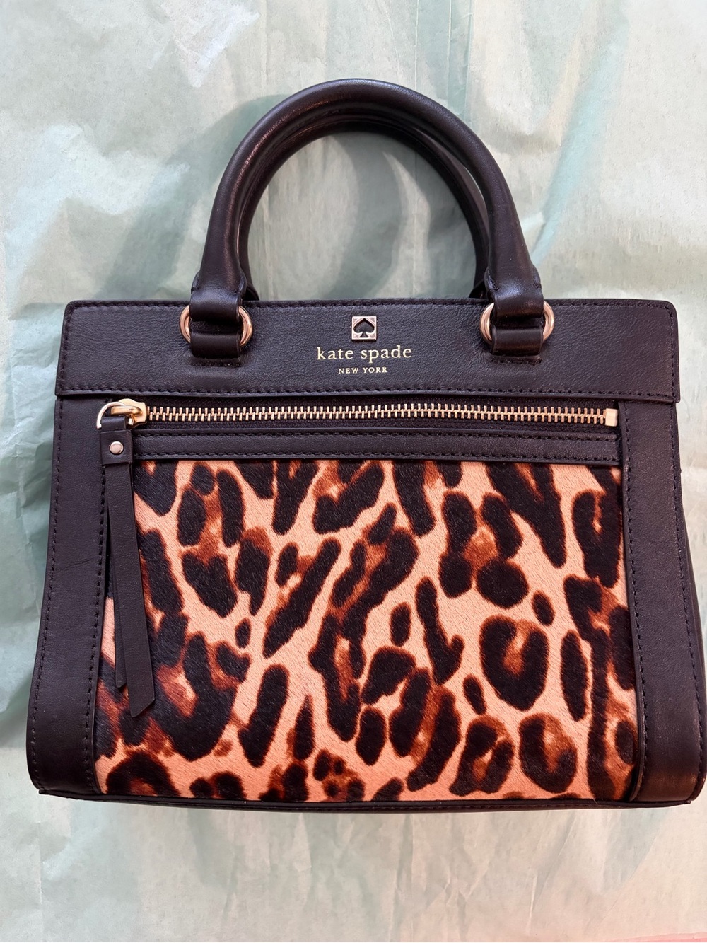 kate spade Leopard Print calf hair and Black Leather Satchel Crossbody Handbag